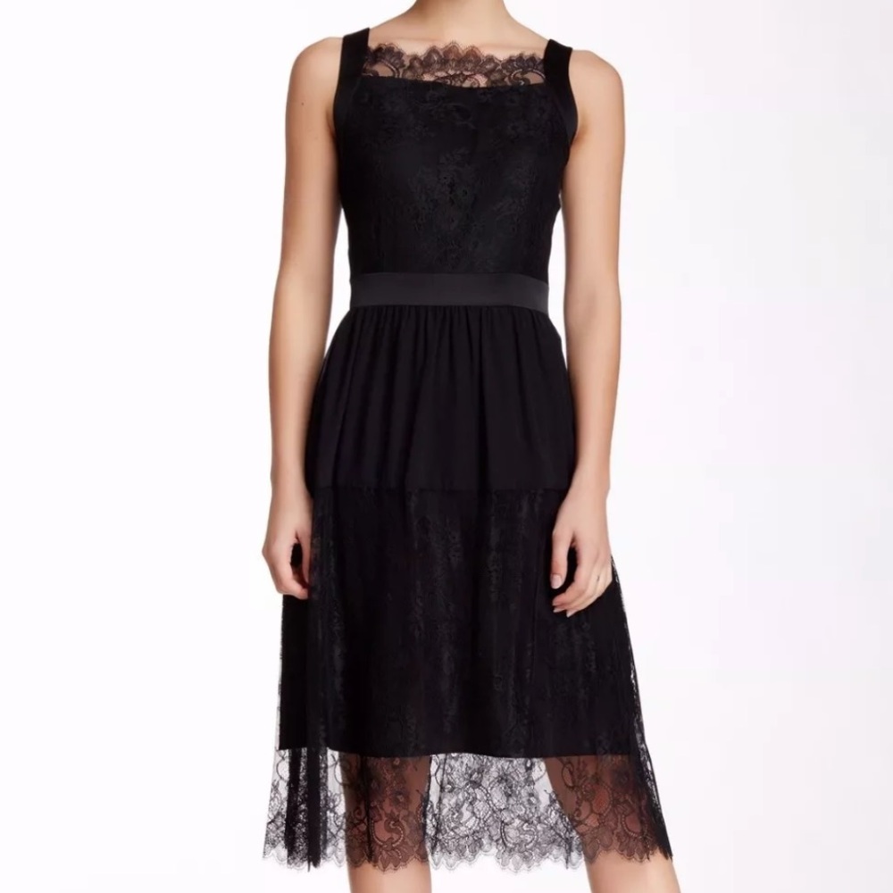 Cynthia Steffe Aria Chantill Square Neck Lace Dress Black Fit Flare 0 2 6 XS S